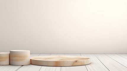 Rustic wood pieces podium in white clean room. Front view - Minimalism background for products cosmetics, food or jewellery, Generative AI