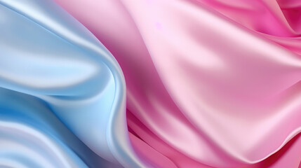 Wall Mural - Detail closeup of soft pastel pink blue shiny satin silk swirl wave background banner panorama long - Abstract textile fabric material backdrop texture for product display or text, Generative AI