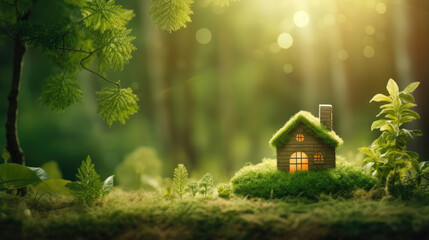 Green and environmentally friendly housing concept, nature forest background - Miniature wooden house home in grass, moss and ferns, illuminated by the sun, sunshine, Eco house, Generative AI