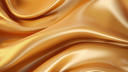 Wall Mural - Golden shiny satin silk swirl wave background banner panorama long - Abstract gold textile fabric material, backdrop texture for product display or text, Generative AI