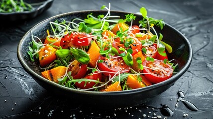 Canvas Print - Vegetarian salad with tomatoes pumpkin and pea sprouts on black background