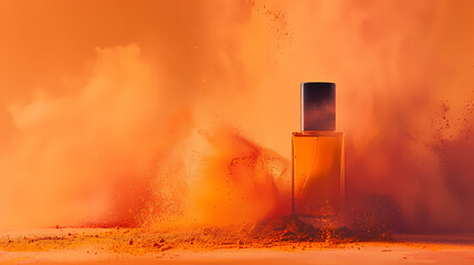 Wall Mural - minimalist orange bottle of perfume , orang pigment dust powder background, cosmetic branding template