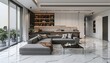 © Robina - Open modern luxury home interior living room and kitchen with balcony, featuring marble floor and a luxurious grey sectional, with minimalist shelving.