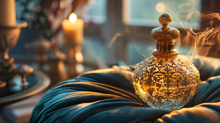 Poster - Gold-plated perfume bottle with intricate designs, containing a musky vanilla fragrance