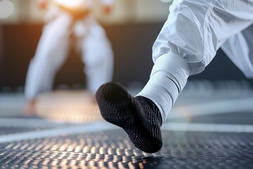 Closeup of taekwondo fighters foot in midkick, intricate textures, blurred opponent background, modern style, high resolution