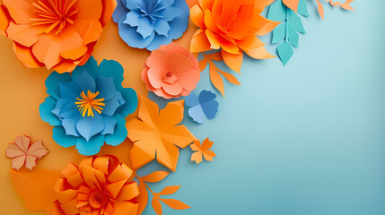 Wall Mural - A colorful background with paper flowers and orange and blue paper