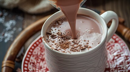 A packet of instant hot cocoa mix being stirred into a steaming mug of milk.