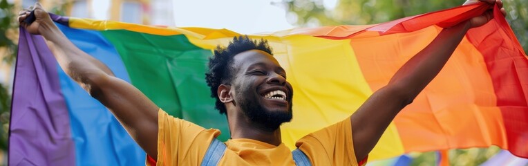 Poster - A man is holding a rainbow flag and smiling. The flag is colorful and vibrant, representing the LGBTQ community. The man's smile and the flag's colors convey a sense of joy and pride in the community