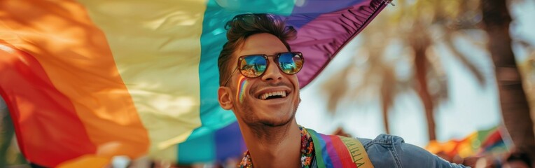 Poster - A man is holding a rainbow flag and smiling. Concept of joy and celebration, as the man is dressed in rainbow colors and he is participating in a pride parade or a similar event