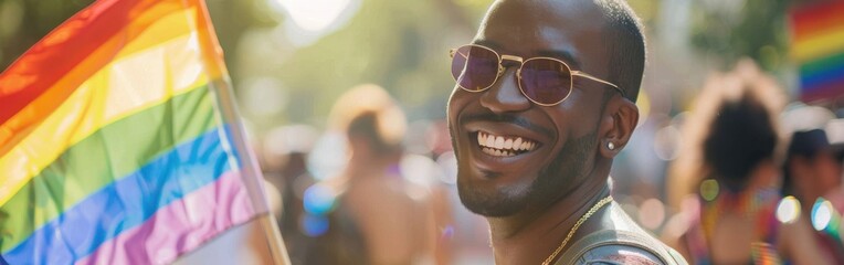 Poster - A man is smiling and holding a rainbow flag