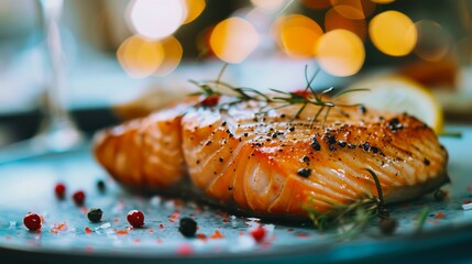 Wall Mural - a piece of salmon on a plate with herbs and spices.