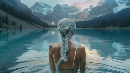 A woman with long hair is in a lake, looking at the water