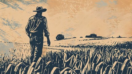 Farmer walking through wheat field illustration. Vintage style illustration of a farmer walking through a wheat field, conveying a sense of tradition, hard work, and the beauty of rural life.