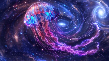 Wall Mural - A neon sign of a cosmic jellyfish, its tendrils aglow in shades of purple and blue against a backdrop of swirling galaxies.