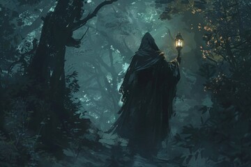 A mysterious figure in a hooded cloak, holding a lantern aloft in the depths of a misty forest.
