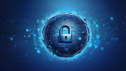 Wall Mural - Futuristic Cyber Security Background with Padlock and Shield, Blue Dark Technology Background: Secure Internet Protection, Cyber Security Protection Shield: Secure Internet Concept, Dark Futuristic 