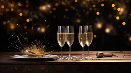 Wall Mural - HAPPY NEW YEAR 2024 / New Year Eve holiday event party firework background banner greeting card - Two champagne classes on wooden table in the dark night with fireworks and sparklers, Generative AI