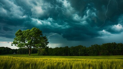Wall Mural - A stormy sky with lightning over a field.