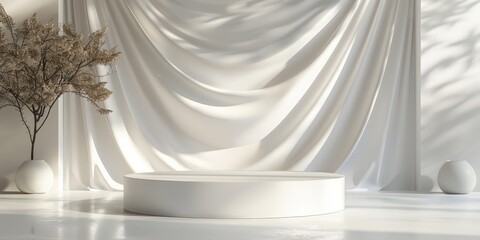 Wall Mural - Minimalist White Platform with Draped Fabric