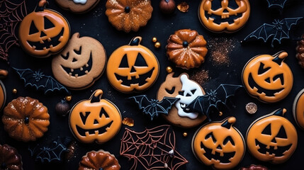 Wall Mural - Halloween party food bakery bake baking photography background - Closeup of many scary pumpkin cookies on dark table, top view, Generative AI