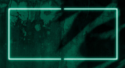 Wall Mural - Dark old cement wall and shadow leaves background, green neon light and white rectangle frame and glowing