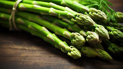 Wall Mural - Agriculture harvest Food photography background - Ripe bunch of green asparagus on a dark wooden table, Generative AI
