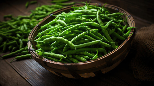 Agriculture harvest Food photography background square - Ripe green bean vegetables on a dark wooden table, Generative AI