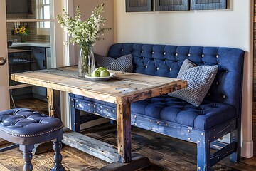 Wall Mural - Rustic Breakfast Nook with Indigo Blue Bench and Reclaimed Wood Table