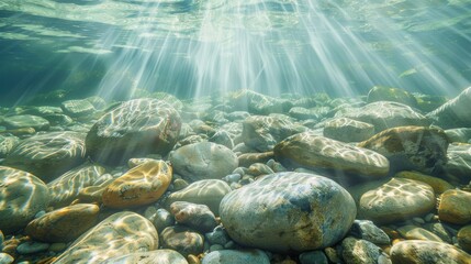 Wall Mural - A rocky beach with the sun shining on the rocks. The rocks are scattered all over the beach, and the water is calm