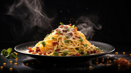 Food photography background square - Plate with italian spaghetti carbonara with parmesan cheese on dark black table, Generative AI