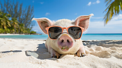 Wall Mural - Funny animal pet summer holiday vacation photography banner background - Closeup of pig with sunglasses, chilling relaxing at the tropical ocean beach, Generative AI