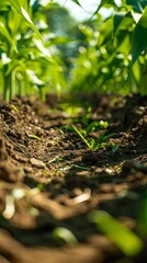 Wall Mural - Corn field with green plants growing in the dirt.