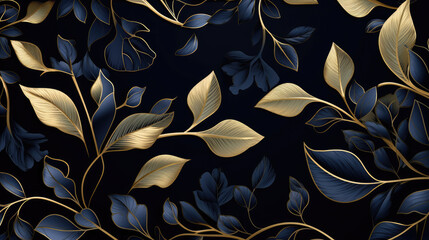 Abstract luxury elegant floral organic texture wallpaper banner illustration - Gold line art leaves on dark background, seamless pattern, Generative AI