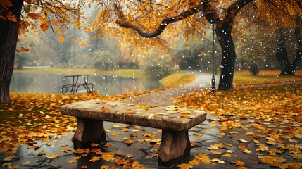 Wall Mural - A tranquil autumn park with a stone bench surrounded by golden leaves, a light drizzle falling, and the distant sound of raindrops hitting a small lake nearby.