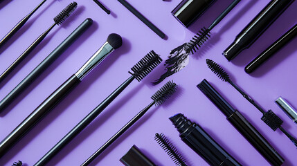 Wall Mural - Various mascara and makeup wands on purple background. Top view