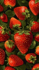 Wall Mural - Red Ripe Strawberries With Green Leaves