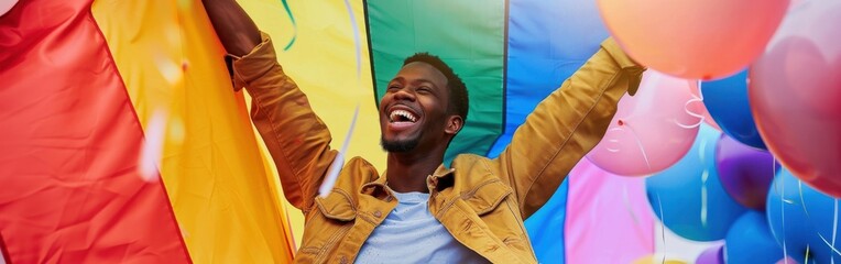 Poster - A man is jumping in the air with a rainbow flag behind him. He is surrounded by many balloons of different colors