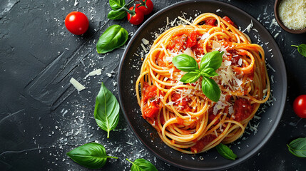 Tasty appetizing classic italian spaghetti pasta with tomato sauce, cheese parmesan and basil on plate on dark table. View from above. Copy space	