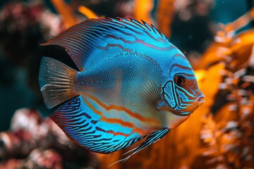 Wall Mural - Close up of colorful fish swimming among lush aquatic plants in a vibrant aquarium setting