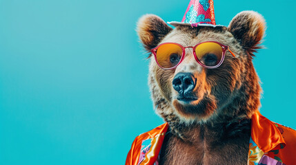A funny image of a bear wearing a birthday's hat. Happy birthday pet card, character bear, party concept with copy space isolated on color background