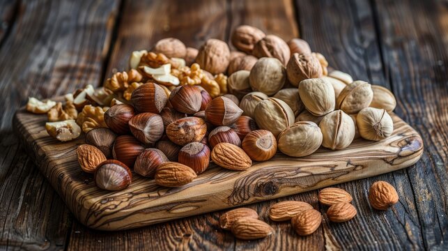 Assorted nuts on a vintage wooden platter almonds walnuts and hazelnuts