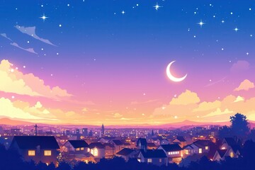 Wall Mural - Nighttime Cityscape with a Crescent Moon and Stars
