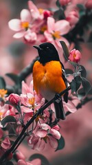 Wall Mural - Bird Perched on Apple Blossom Branch