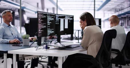 Wall Mural - unhappy sad developer programmer man in stress coding software