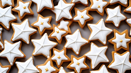 Wall Mural - Christmas food bakery bake baking photography background - Closeup of many star gingerbread cookies, with white icing decoration on table, top view, Generative AI