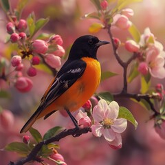 Wall Mural - Oriole Perched on Apple Blossom Branch
