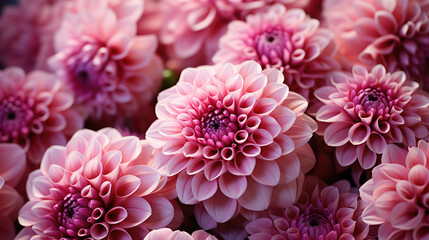 Flowers background banner - Closeup of pink beautiful blooming dahlia dahlias field, Generative AI