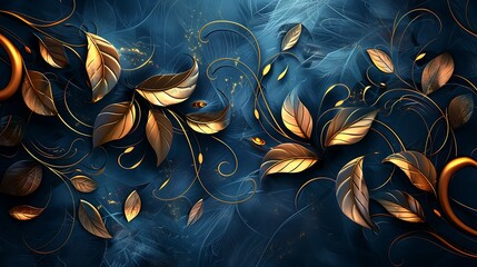 3d wallpaper dark blue background with golden leaves and swirls dark fantasy style digital art