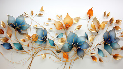 Abstract floral organic plant watercolor painting drawing leaf illustration wallpaper background - Blue orange leaves with golden lines details, Generative AI