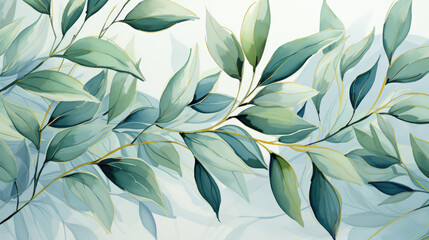 Abstract floral organic plant watercolor painting drawing leaf illustration wallpaper background - Green leaves with golden lines details, Generative AI